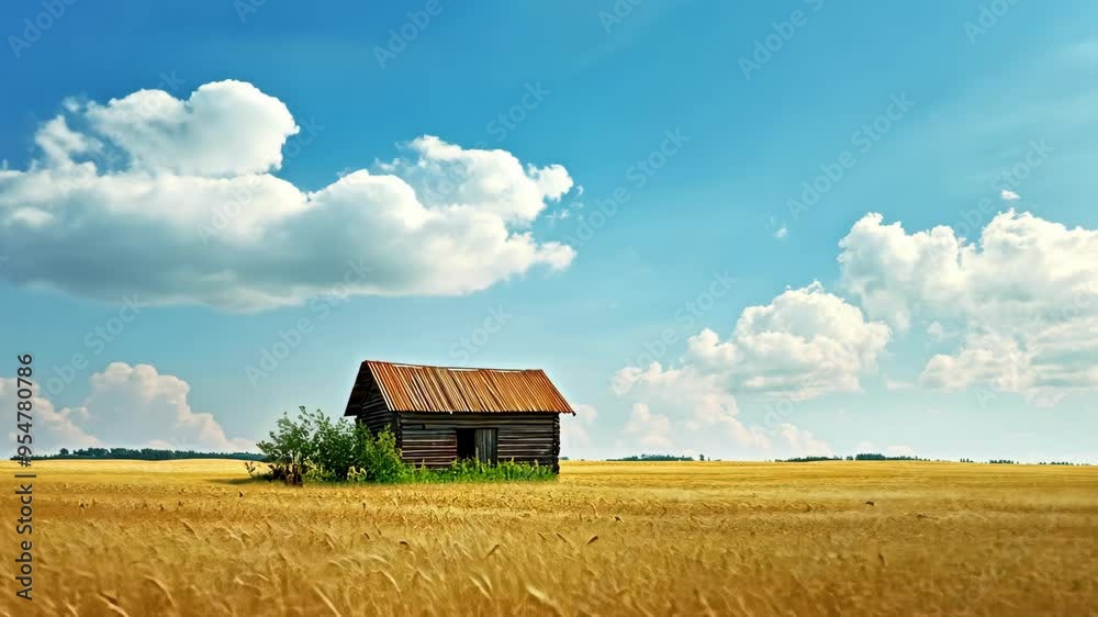 A serene rural landscape featuring a solitary rustic cabin surrounded by golden wheat fields under a bright blue sky