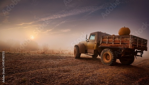 Halloween old truck with pumpkins in moon light in fog