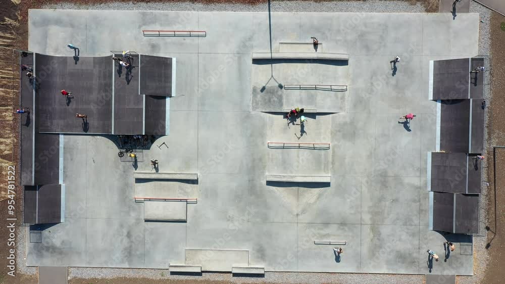 Teenagers riding on skateboards and scooters at urban park on summer day. Children practicing different tricks on equipments at modern skatepark. Concept of active healthy lifestyle. Aerial view