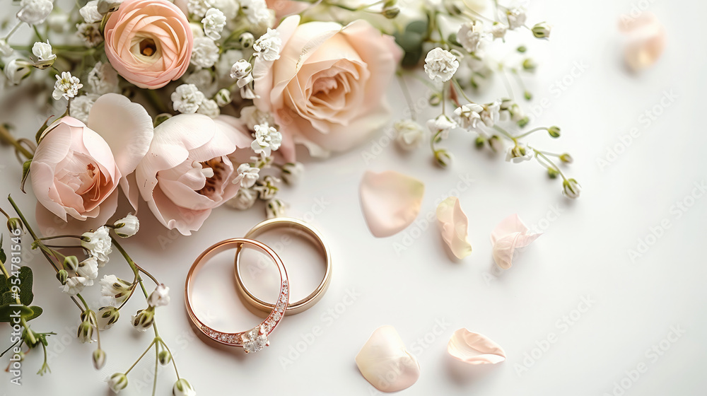Elegant wedding background with two rings and flowers on a white background. delicate pastel flowers of the frame. Generative AI. Elegant wedding background with two rings and flowers on a white background. delicate pastel flowers of the frame. Generative AI.
