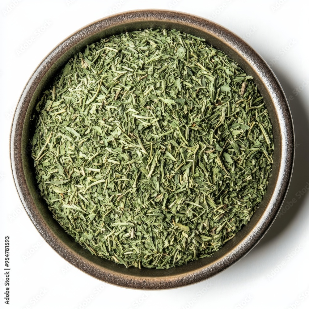 An isolated white bowl top view of dried oregano seasoning An isolated white bowl top view of dried oregano seasoning