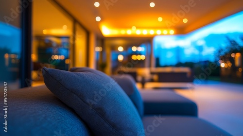 A cozy outdoor lounge area illuminated by warm lights during twilight, featuring a plush sofa and a tranquil atmosphere. photo