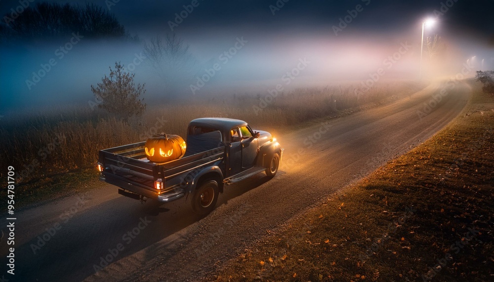 Halloween old truck with pumpkins in moon light in fog Halloween old truck with pumpkins in moon light in fog
