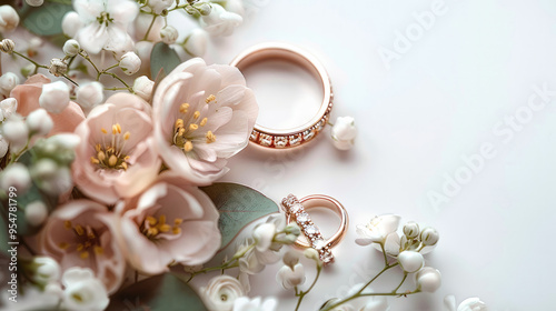 Elegant wedding background with two rings and flowers on a white background. delicate pastel flowers of the frame. Generative AI.