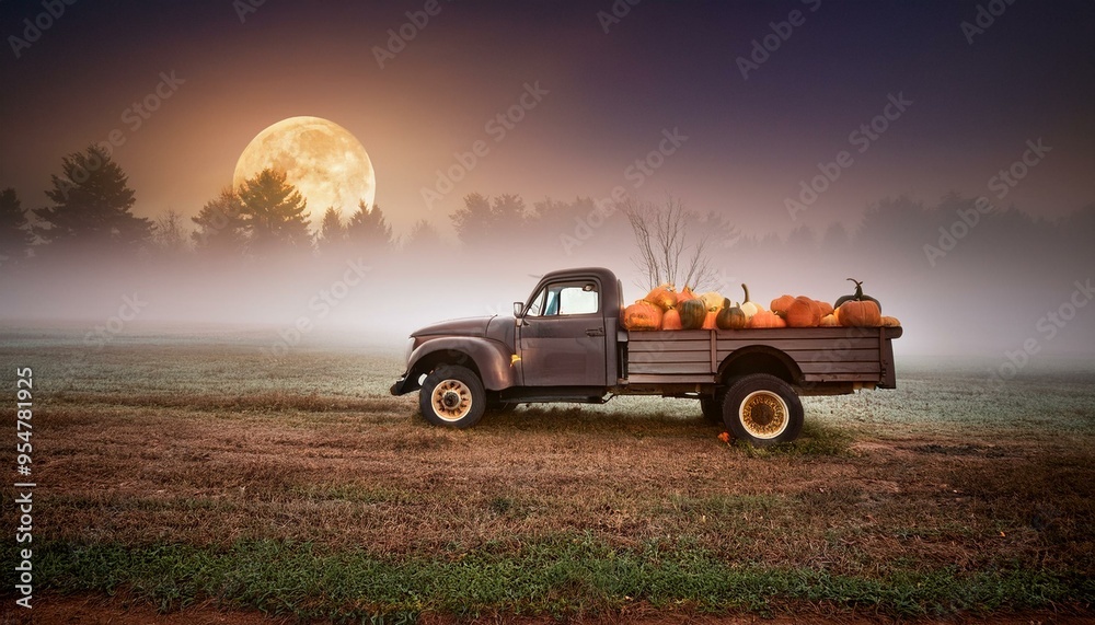Fototapeta premium Halloween old truck with pumpkins in moon light in fog