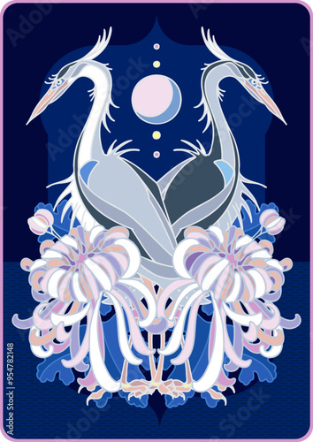 A fortune-telling card with herons, oriental chrysanthemums and the moon. The concept of mysticism and magic. A hand-drawn illustration, not AI