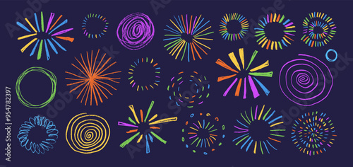 Set of colorful sun, sunburst shapes or doodle firework. Crayon drawing vector elements.