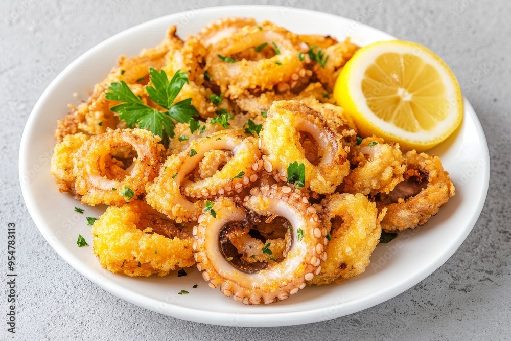 Deep fried squid with lemon slice on gray background Deep fried squid with lemon slice on gray background