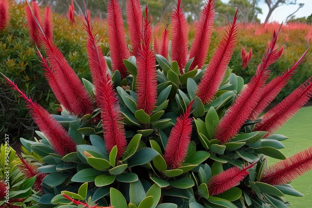 Stunning 3D Visualization of Banksia Spinulosa Featuring Vibrant Crimson Spikes and Lush Green Foliage Stunning 3D Visualization of Banksia Spinulosa Featuring Vibrant Crimson Spikes and Lush Green Foliage
