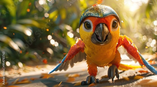 A Parrot Wearing a Golden Helmet photo