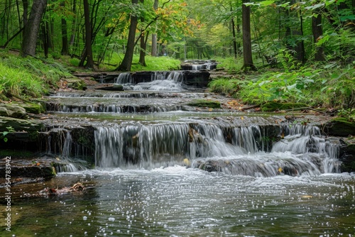 Serene Forest Stream Waterfall in Lush Green Park Landscape