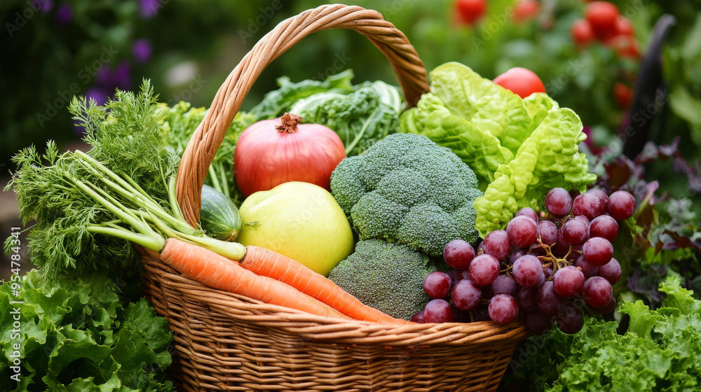 Fototapeta premium A wicker basket overflowing with fresh vegetables and fruits--broccoli, carrots, tomatoes, lettuce, grapes, apples, onions, and cabbage--arranged in a vibrant outdoor garden setting. 