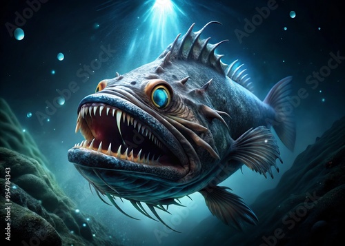 a photo image of a massive, serpent-like fish with razor-sharp teeth and glowing bioluminescent scales, rising from the depths of a dark ocean photo