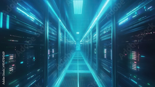 Futuristic Data Center: Illuminated Server Racks in Glowing Blue Corridor