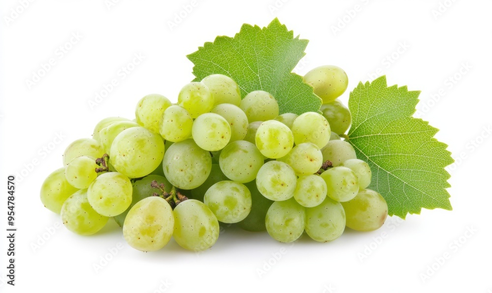 A cluster of ripe white grapes with green leaves. Yellow organic natural fruit isolated on light gray background. PNG format. A cluster of ripe white grapes with green leaves. Yellow organic natural fruit isolated on light gray background. PNG format.
