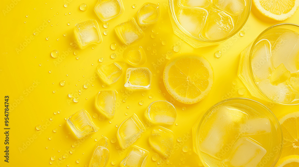 Ice cubes and lemon slices on a yellow background with water droplets. Refreshing summer drink ingredients for beverage concepts and cooling themes. Ice cubes and lemon slices on a yellow background with water droplets. Refreshing summer drink ingredients for beverage concepts and cooling themes.