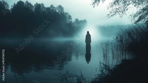 A ghostly figure standing at the edge of a dark, foggy lake, with eerie light reflecting off the water.