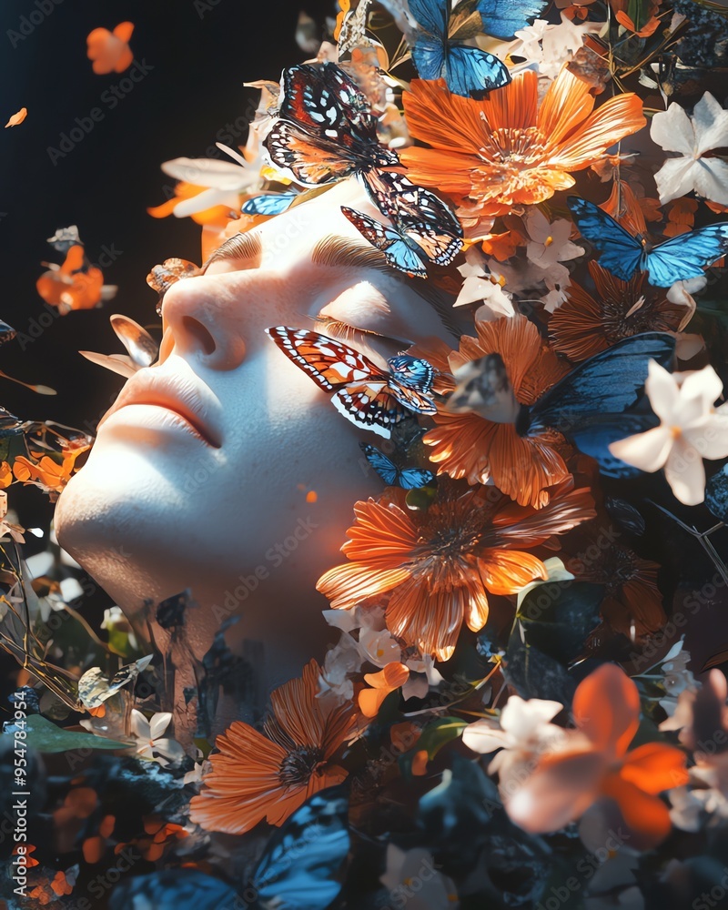 Naklejka premium Dreamy Woman with Floral and Butterfly Accents in Artistic Composition
