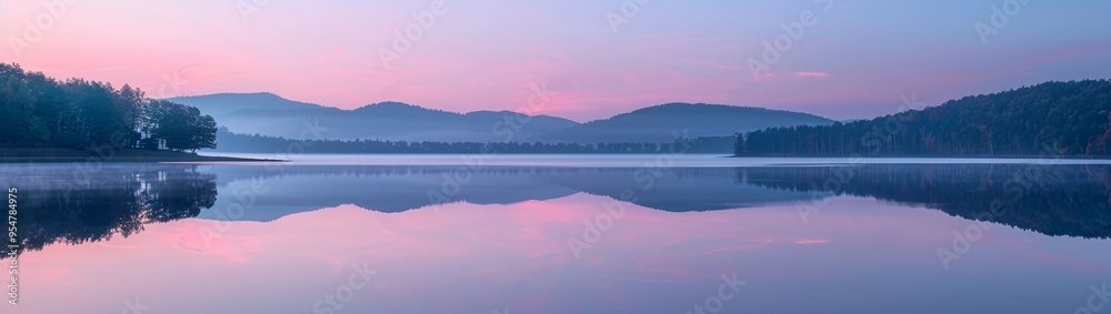 Fototapeta premium A wide lake panorama at dusk, with soft pastel colors in the sky, and the water reflecting the surrounding forest and distant mountains.
