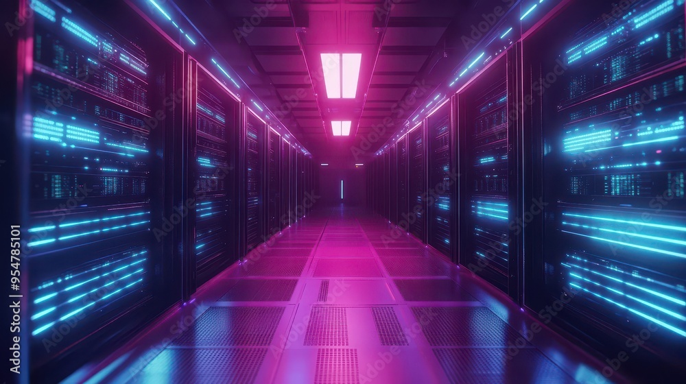 Fototapeta premium Futuristic Data Center with Glowing Server Racks