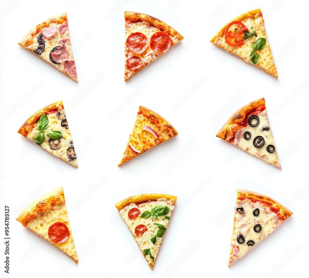 In the air, pizza slices are sliced on a white background In the air, pizza slices are sliced on a white background