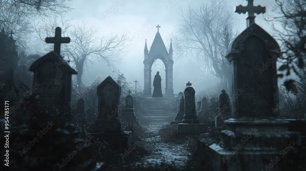 A dark, foggy cemetery with ghostly figures moving between the gravestones. A dark, foggy cemetery with ghostly figures moving between the gravestones.