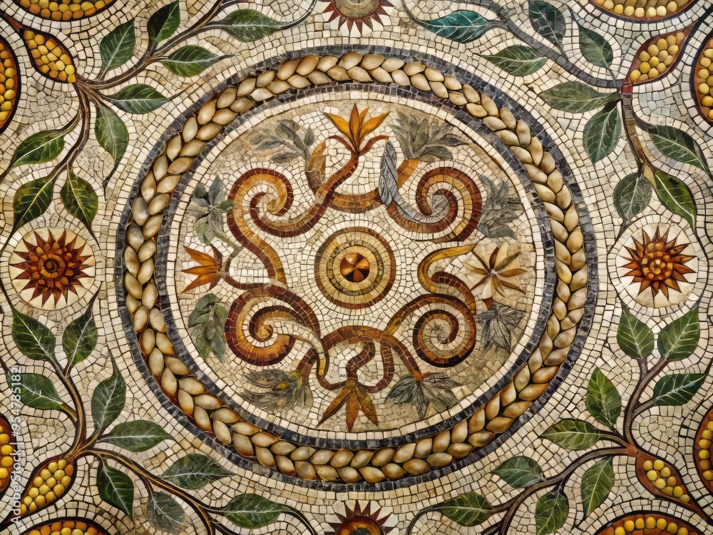 Obraz premium a photo image of an amalgamation of ancient Greek symbols, including the omphalos, horns of cornucopia, and the ouroboros, surrounded by vines and laurel leaves