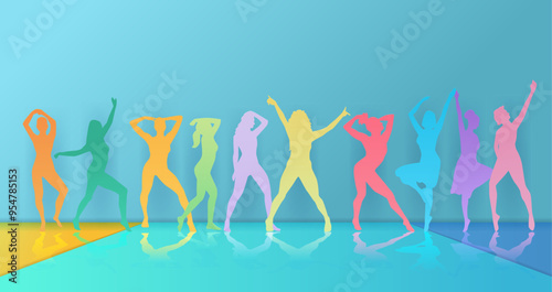 Colorful dancing silhouettes vibrant dance poses bright gradient background reflections paper cut style