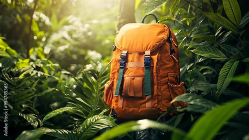 Exploring the vibrant jungle with a bright orange backpack on a sunny afternoon