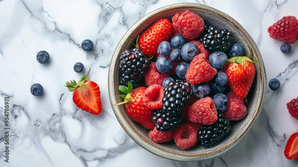 A flat lay of a bowl filled with fresh berries such as strawberries, blueberries, raspberries, and blackberries, arranged on a marble countertop. A flat lay of a bowl filled with fresh berries such as strawberries, blueberries, raspberries, and blackberries, arranged on a marble countertop.
