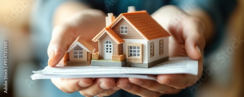 Detailed shot of an appraisal document with hands holding a house model, symbolizing valuation   Property value, mortgage process photo