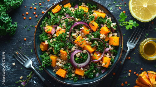 A flat lay of a bowl of barley salad with roasted vegetables like butternut squash, red onions, and kale, drizzled with a lemon dressing.