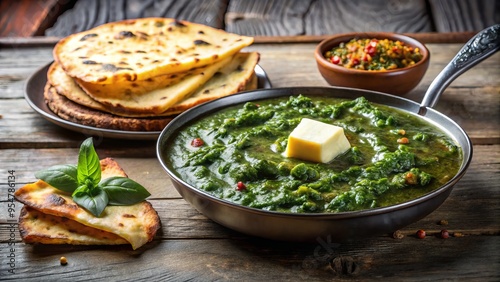 a photo image of a steaming hot plate of sarson ka saag with makki di roti, served with a dollop of butter photo