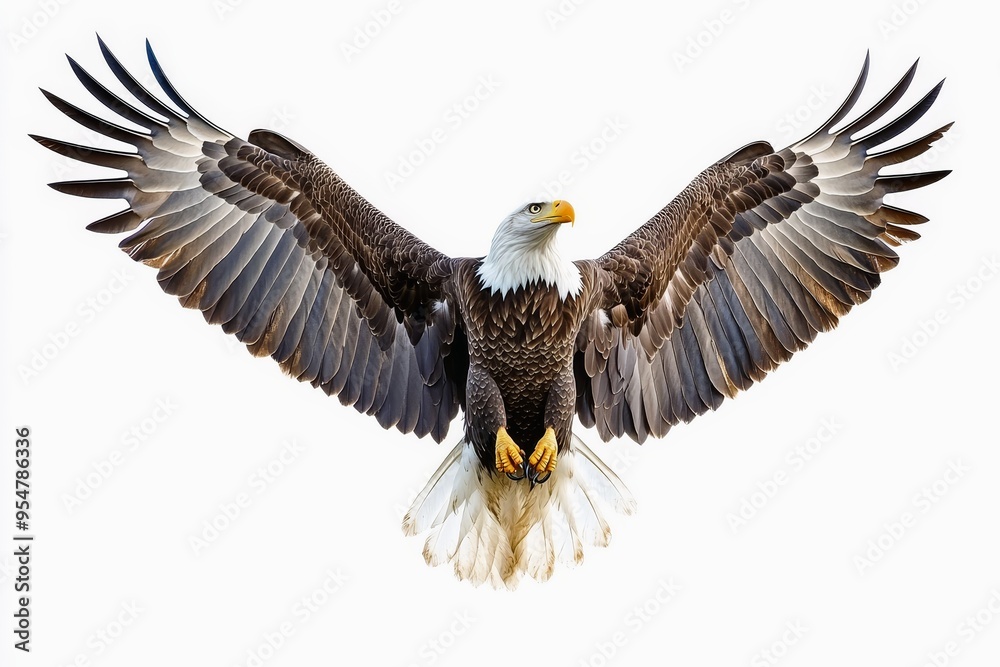 Regal bald eagle with wings slightly spread isolated against a white background.