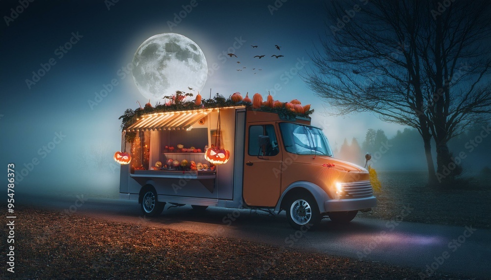 Halloween ica cream truck in moon light in fog with halloween decorations Halloween ica cream truck in moon light in fog with halloween decorations
