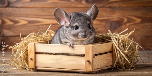 A grey baby chinchilla snuggles in a tiny wooden box lined with soft straw, its fluffy fur a photo