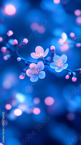 A close up of a blue flower with pink petals