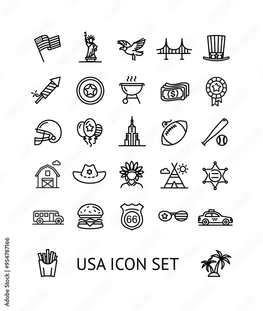 USA Sign Black Thin Line Icon Set Include of Statue Liberty and Sheriff Star. Vector illustration of American Icons USA Sign Black Thin Line Icon Set Include of Statue Liberty and Sheriff Star. Vector illustration of American Icons