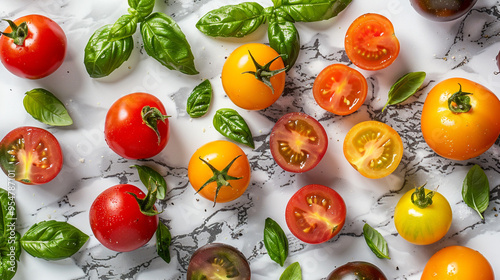 A flat lay of a colorful assortment of heirloom cherry tomatoes, with a few halved tomatoes and fresh basil leaves on a marble surface.