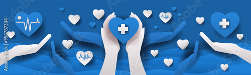 Hands holding hearts healthcare concept. Blue and white hands holding hearts with medical symbols floating hearts in background. Paper cut style