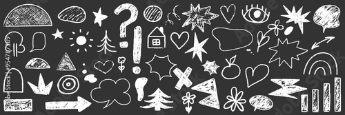 Hand drawn arrow, star, shape scribble crayon set. Squiggle, scratch doodle kid arrow, star set. Crayon scratch texture shape kid naive. Vector illustration