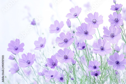 A field of purple flowers with a white background. The flowers are in full bloom and are scattered throughout the field. Concept of beauty and tranquility