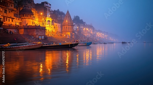 Wallpaper Mural The ghats of Varanasi, quiet and serene, with the Ganges River flowing peacefully under the soft light of the early morning. Torontodigital.ca