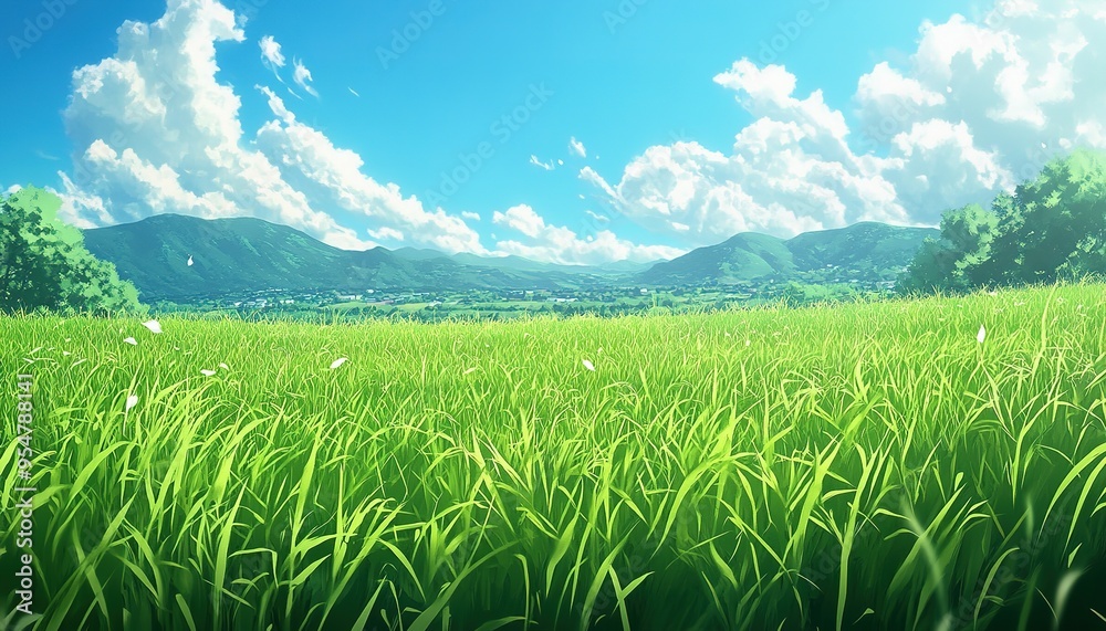 Lush Green Grass Field with Distant Mountains and Blue Sky Lush Green Grass Field with Distant Mountains and Blue Sky