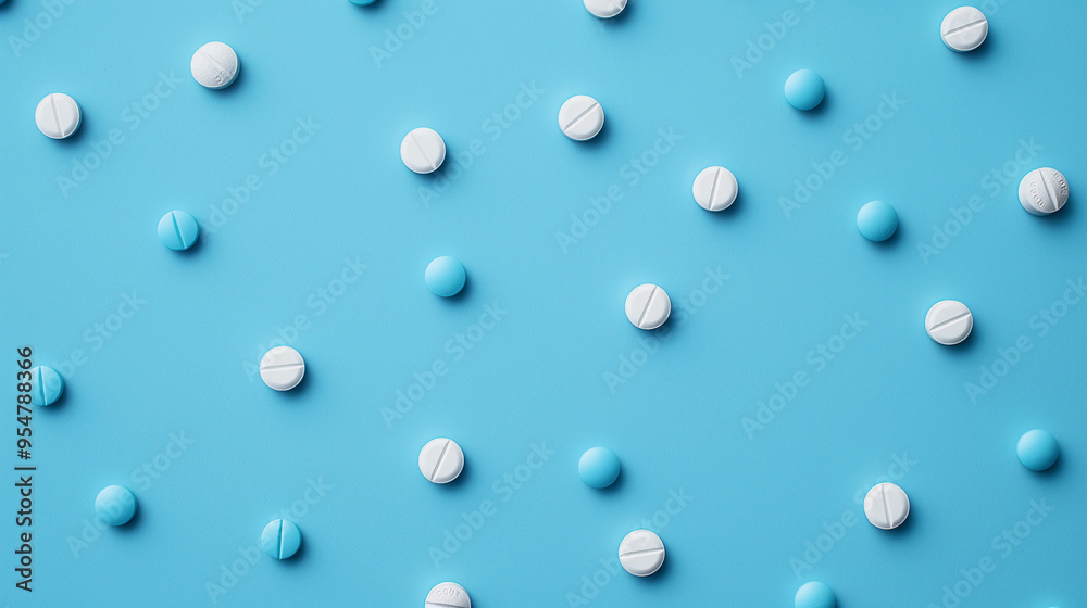 Minimalistic pattern of blue and white tablets on blue background, representing pharmaceutical medicine, healthcare, and medical treatment concepts Minimalistic pattern of blue and white tablets on blue background, representing pharmaceutical medicine, healthcare, and medical treatment concepts