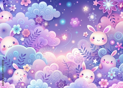 Photo image of a whimsical gradient showcasing a soft purple to pink hue, incorporating intricate floral patterns and adorable cartoon characters amidst fluffy clouds.