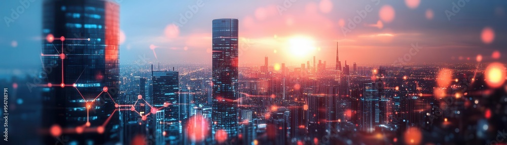 Fototapeta premium Real estate automation, smart technology integration, digital cityscape, innovative property management