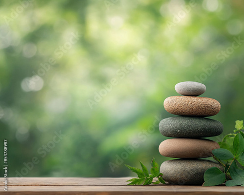 A stack of rocks on a wooden table with green leaves in the background. The arrangement of the rocks creates a sense of balance and harmony