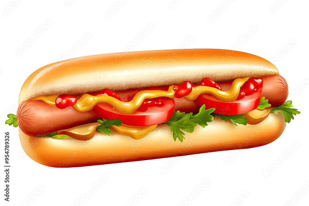 A delicious hot dog topped with mustard, ketchup, fresh tomatoes, and lettuce, perfect for summer picnics and barbecues. A delicious hot dog topped with mustard, ketchup, fresh tomatoes, and lettuce, perfect for summer picnics and barbecues.