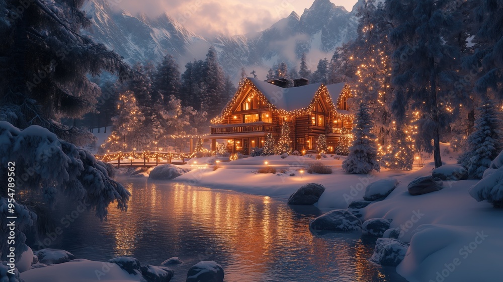 Fototapeta premium A cozy wooden cabin decorated with holiday lights, set amidst a snowy forest.